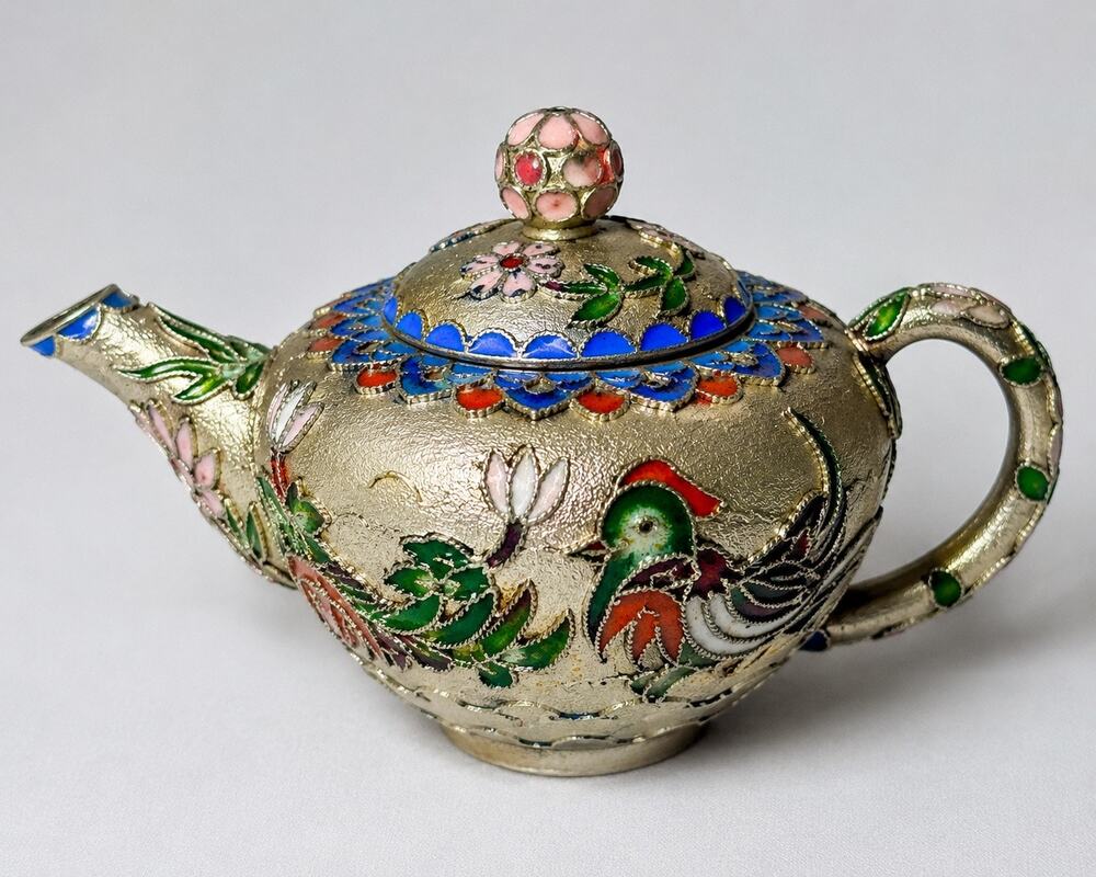 Vintage Chinese Cloisonné Enamel Miniature Teapot Rooster Bird Silver Tone 5”